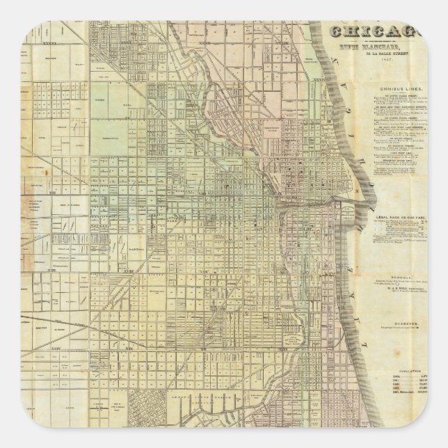 Adesivo Quadrado Mapa de Chicago Illinois em 1857 (Frente)