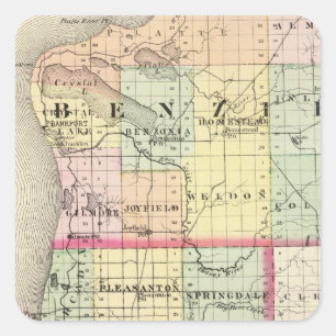 Adesivo Quadrado Mapa de condados de Benzie e de Manistee, Michigan