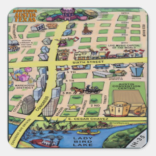 Adesivo Quadrado Mapa de desenho animado do centro de Austin Texas