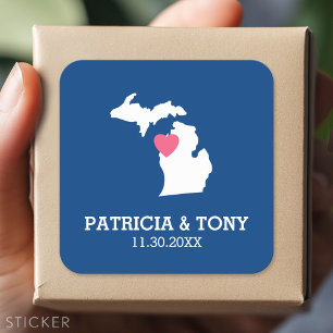 Adesivo Quadrado Mapa de Michigan com Coração de Amor e Nome Person