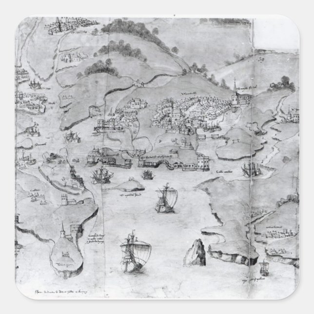 Adesivo Quadrado Mapa de Plymouth, c.1539 (Frente)
