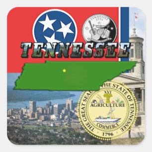 Adesivo Quadrado Mapa de Tennessee, bandeira, selo do estado e