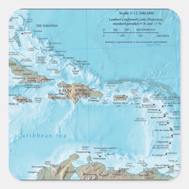 Adesivo Quadrado Mapa de Vintagens do Caribe - EUA (Frente)