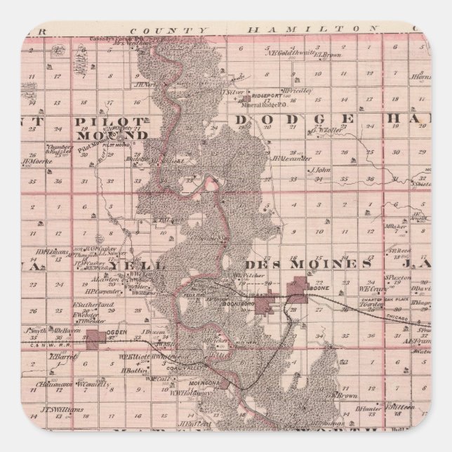 Adesivo Quadrado Mapa do Condado de Boone, Estado de Iowa (Frente)