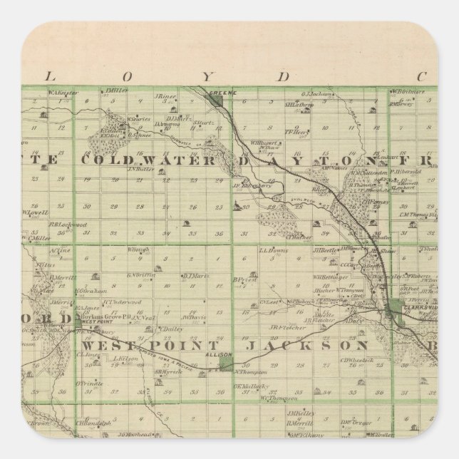 Adesivo Quadrado Mapa do Condado de Butler, Estado de Iowa (Frente)