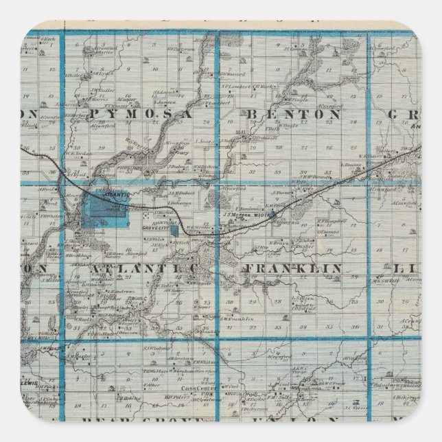Adesivo Quadrado Mapa do Condado de Cass, Estado de Iowa (Frente)