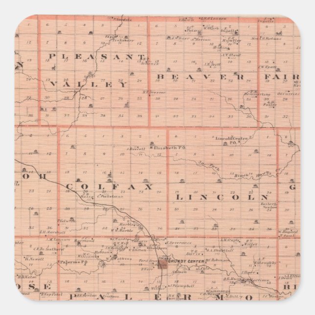 Adesivo Quadrado Mapa do Condado de Grundy, Estado de Iowa (Frente)