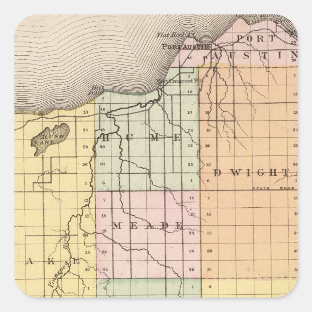 Adesivo Quadrado Mapa do Condado de Huron, Michigan (Frente)