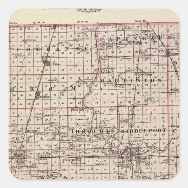 Adesivo Quadrado Mapa do Condado de Iroquois (Frente)