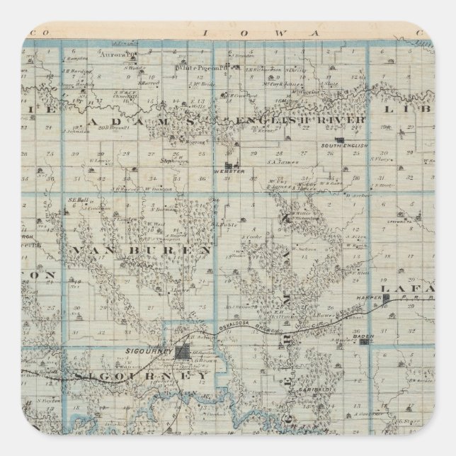 Adesivo Quadrado Mapa do Condado de Keokuk, Estado de Iowa (Frente)