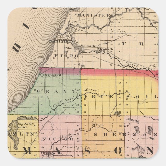 Adesivo Quadrado Mapa do Condado de Mason, Michigan (Frente)
