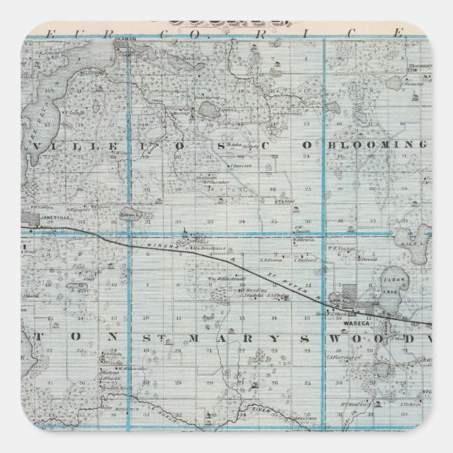 Adesivo Quadrado Mapa do Condado de Waseca, Minnesota (Frente)