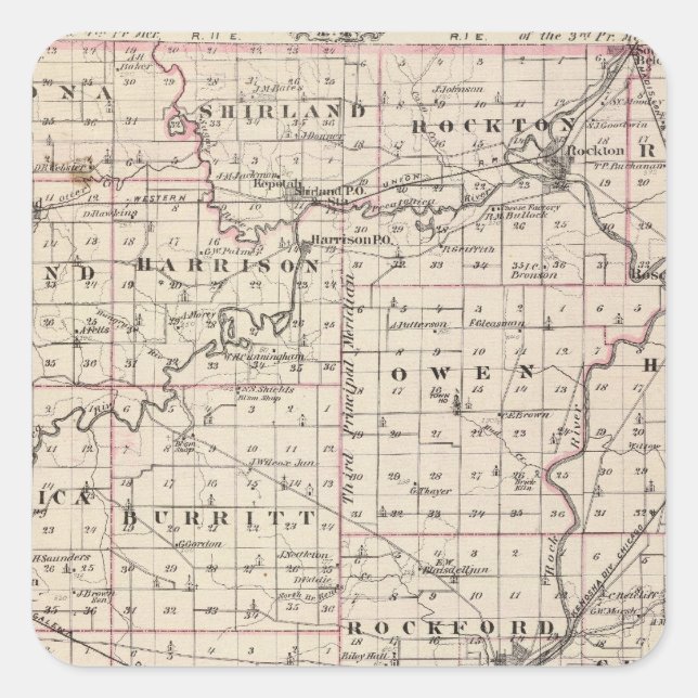 Adesivo Quadrado Mapa do Condado de Winnebago e de Belvidere (Frente)