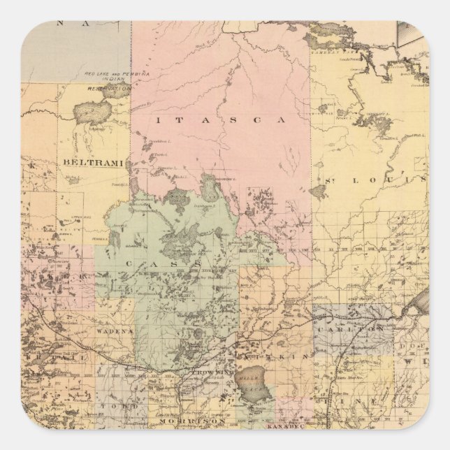 Adesivo Quadrado Mapa do Estado de Minnesota, 1874 (Frente)