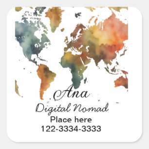 Adesivo Quadrado Mapa do mundo adicione seu nome texto localidade t
