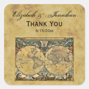 Adesivo Quadrado Mapa do mundo antigo, selos afligidos do envelope