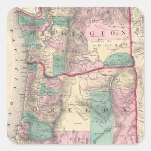 Adesivo Quadrado Mapa do vintage de Washington e de Oregon (1875)