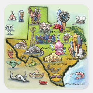 Adesivo Quadrado Mapa dos desenhos animados de Texas