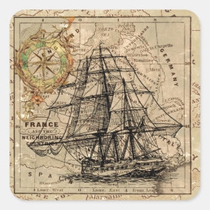 Adesivo Quadrado Mapa e navio antigo do General France