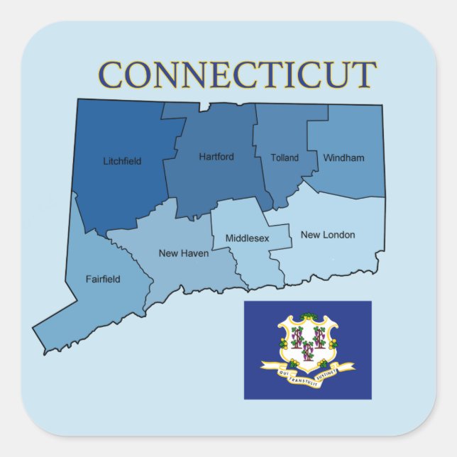 Adesivo Quadrado Mapa e Sinalizador de Connecticut com Condados (Frente)