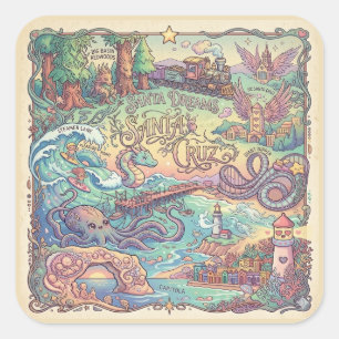 Adesivo Quadrado Mapa Ilustrado de Santa Cruz Califórnia Dreamscape