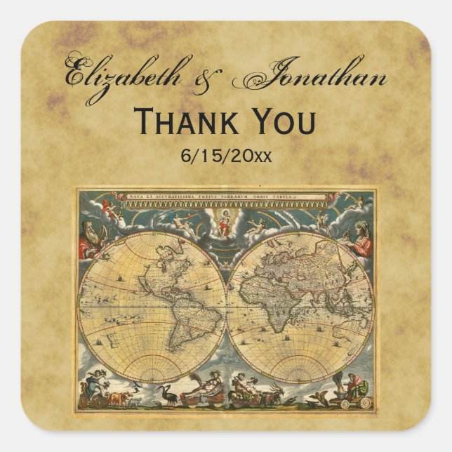 Adesivo Quadrado Mapa Mundial Antiquado, Selos De Envelope BG Em De (Frente)