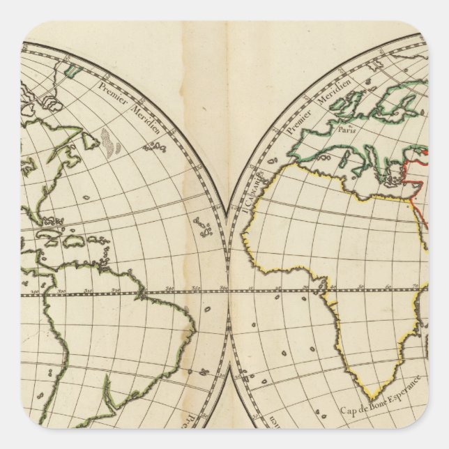 Adesivo Quadrado Mapa mundial com Latitude e longevidade (Frente)