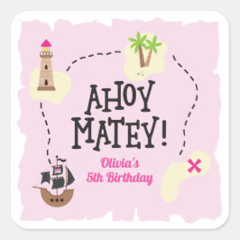 Adesivo Quadrado Mapa Pirata Aniversário Rosa