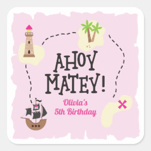 Adesivo Quadrado Mapa Pirata Aniversário Rosa