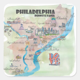 Adesivo Quadrado Mapa retro da arte do vintage de Philadelphfia