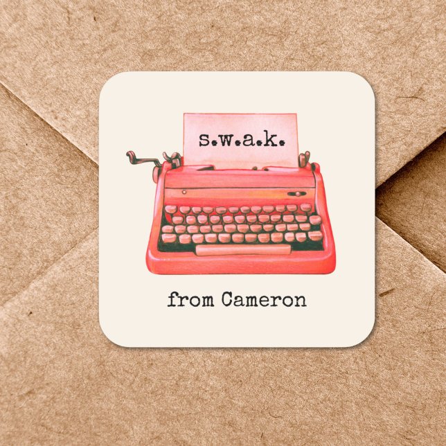Adesivo Quadrado Máquina de escrever vermelha branca e dia de os na (S.W.A.K. -- sealed with a kiss -- brings back a cute 1970s Valentine's Day vibe.)