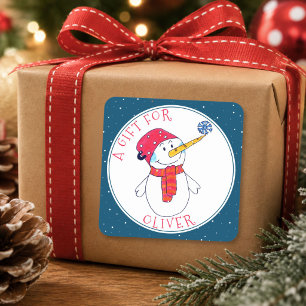 Adesivo Quadrado Marca de Presente de Natal de Boneco de Neve Fofo