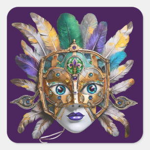 Adesivo Quadrado Mardi Gras Feather e Metal Mask
