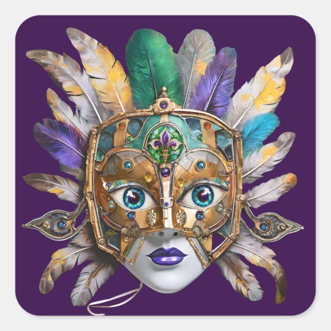 Adesivo Quadrado Mardi Gras Feather e Metal Mask (Frente)