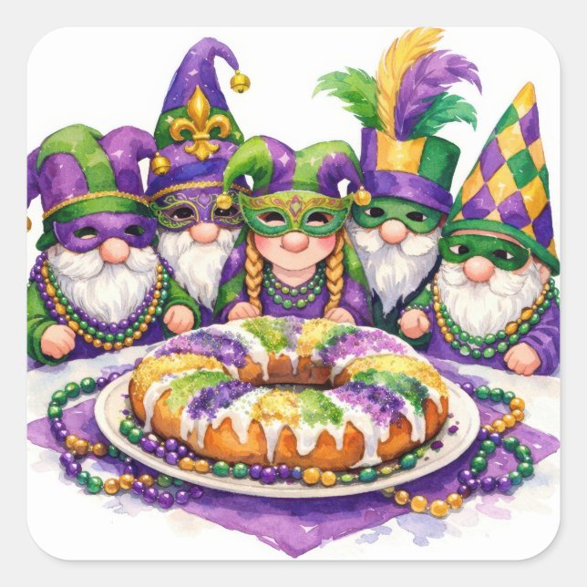 Adesivo Quadrado Mardi Gras Gnome Party With King Cake (Frente)