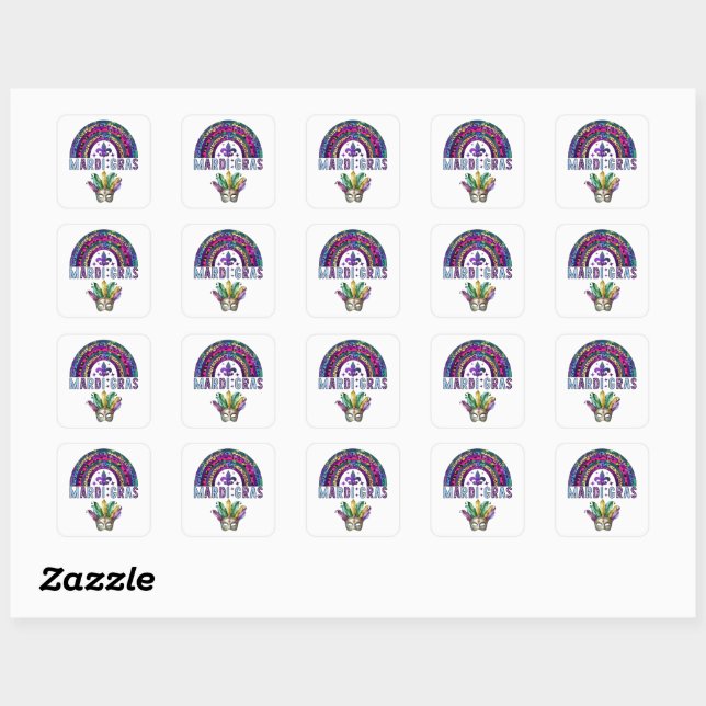 Adesivo Quadrado Mardi Gras Rainbow e Mask Square Sticker (Folha)