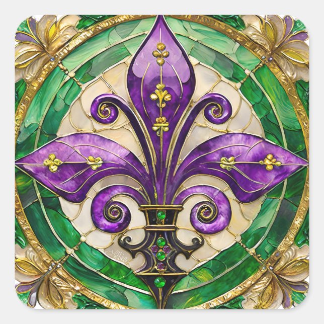 Adesivo Quadrado Mardi Gras StainGlass Fleur de lis (Frente)
