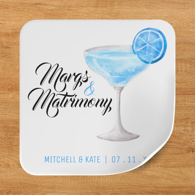 Adesivo Quadrado Margs & Matrimony Azul Margarita Chá de Noiva (Margs & Matrimony Blue Margarita Bridal Shower Square Sticker
)