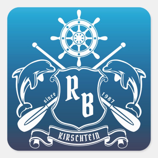 Adesivo Quadrado Marinha insígnia golfinhos Helm Oars Shield Náutic (Frente)