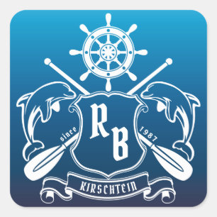 Adesivo Quadrado Marinha insígnia golfinhos Helm Oars Shield Náutic