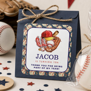Adesivo Quadrado Marinho Azul Aniversário de criança de Baseball -