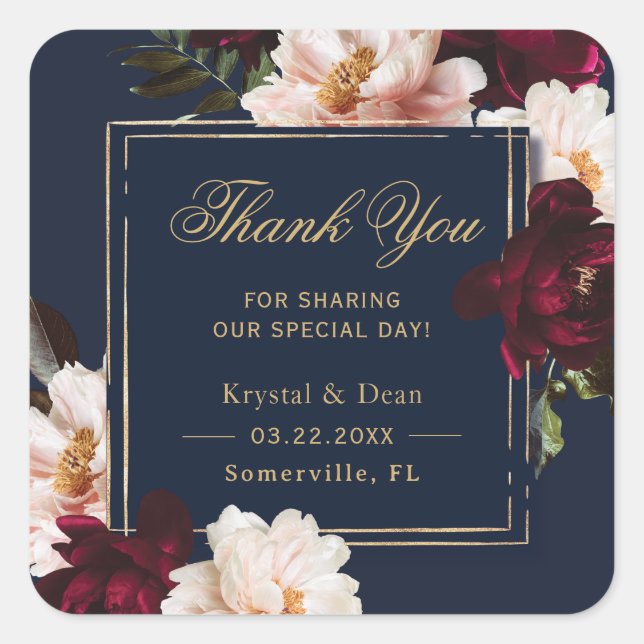 Adesivo Quadrado Marinho Azul-Floral -Blush Moody Burgundy Escuro (Frente)