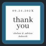 Adesivo Quadrado Marinho Blue Border Simple Weding Favor<br><div class="desc">Faça uma declaração de elegância subestimada com este simples e baseado em texto,  favor de casamento,  obrigado seu rótulo adesivo com uma borda de azul-marinho náutico e aqua. Use a opção personalização para mudar as cores e as fontes para se adequar ao seu tema de casamento.</div>