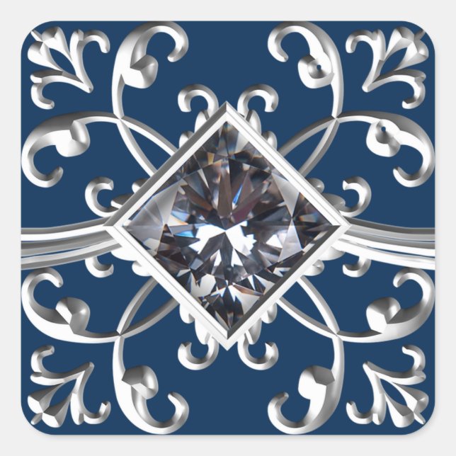 Adesivo Quadrado Marinho Blue Silver Envelope Flourish Seal (Frente)
