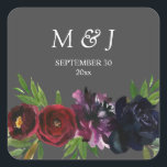 Adesivo Quadrado Marinho de ameixa Cinza de Monograma Floral<br><div class="desc">Prepare seus hóspedes para o maravilhoso casamento ou festa divertida que está prestes a acontecer com seu hambúrguer,  ameixa,  marinho de um adesivo de monograma floral de casamento.</div>