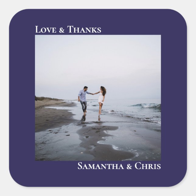 Adesivo Quadrado Marinho de Foto Simples Blue Love & Obrigado Wedin (Frente)