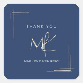 Adesivo Quadrado Marinho de monograma personalizado elegante azul