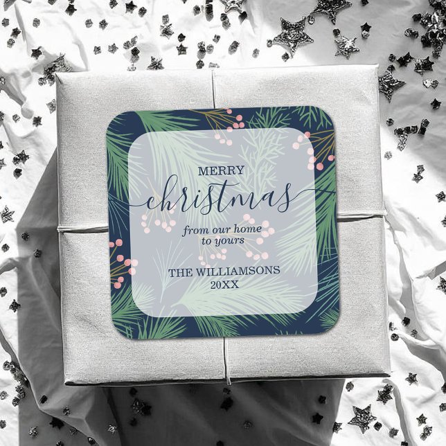 Adesivo Quadrado Marinho de Natal Chic Felry (Merry Christmas Greenery and Berries on Navy Blue 3" Square Stickers)