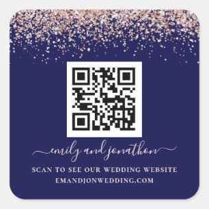 Adesivo Quadrado Marinho de Site de Casamento de Código QR Glitter 