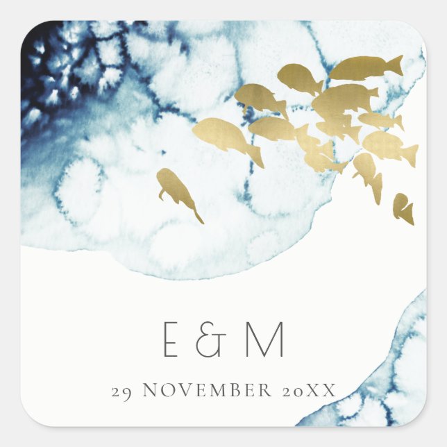 ADESIVO QUADRADO MARINHO DOURADO ELEGANTE SOB ÁGUA MONOGRAMA DE PEI (Frente)